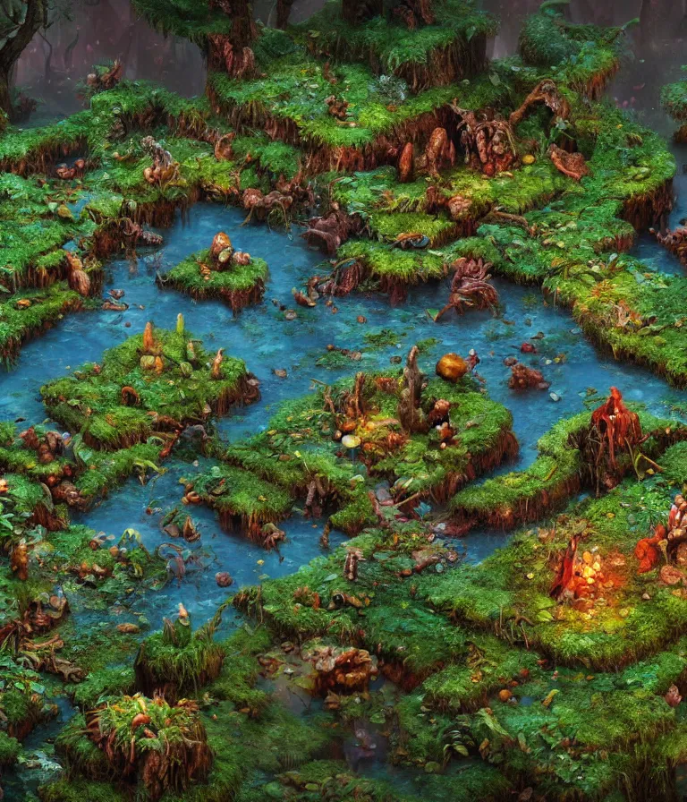 Prompt: a beautiful hyper realistic 3d render of an isometric swamp layout with bogs, caves, witches and fungus, by Ian Gurmukh Bhasin, Michael Whelan, Paul Lehr, unreal engine, octane render, brilliantly colored, ultra wide angle, trending on artstation, HDR, polished, ray tracing, 8k