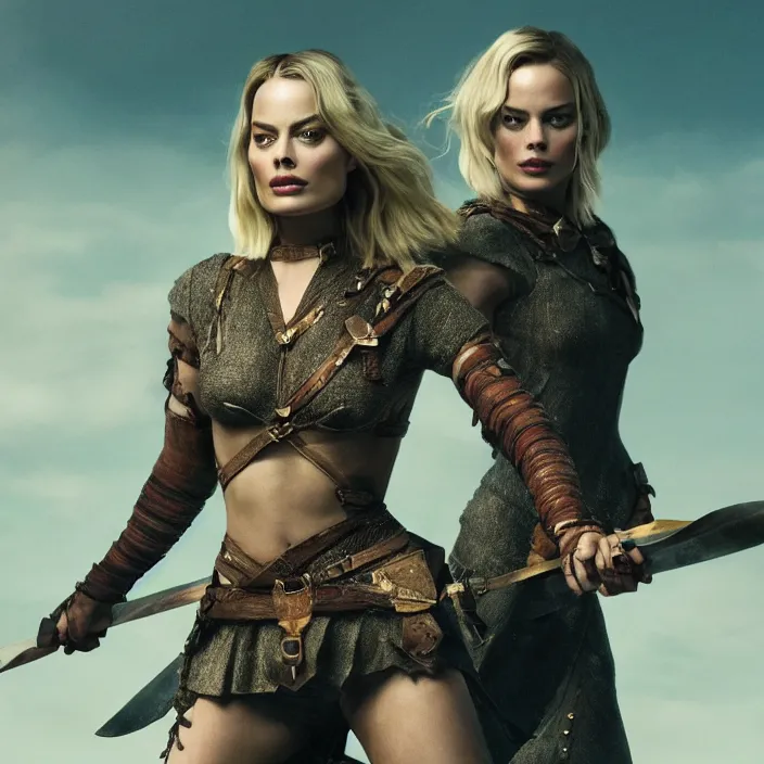 Image similar to margot robbie, holding broadsword. very coherent symmetrical artwork. cinematic, high detail, octane render, 8 k