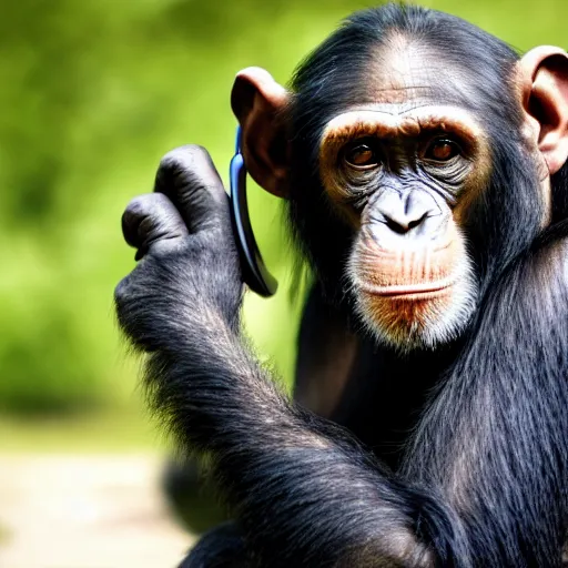 Image similar to a chimpanzee with a pensive look, wearing headphones