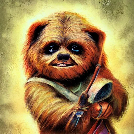 Image similar to cute ewok childrens book cover, colourful, digital art