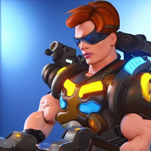 Image similar to a screenshot of arnold schwarzenegger as tracer in overwatch, full body shot