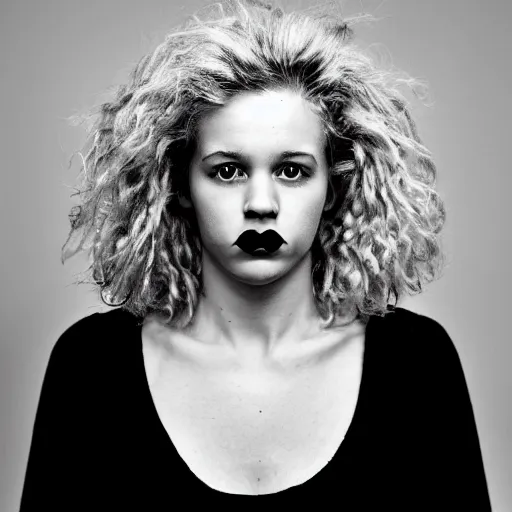 Image similar to symmetrical human portrait of lisa simpson with blonde curly hair, grainy high contrast black and white photography photo print ilford warm tone