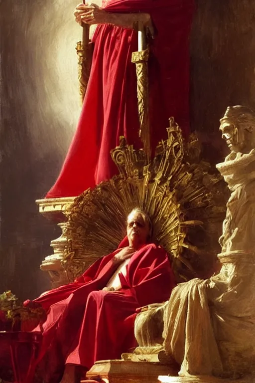 Image similar to beautiful oil painting, steve buscemi in royal crimson robes enthroned as the god emperor of ancient rome a golden wreath upon his head, by anders zorn, wonderful masterpiece by greg rutkowski, beautiful cinematic light, american romanticism, by thomas lawrence, greg rutkowski