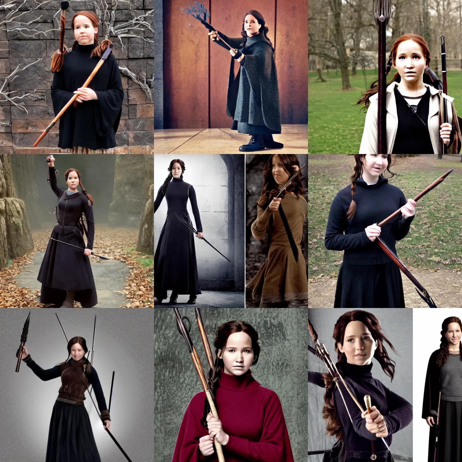 Prompt: ( katniss everdeen ) as a hermione granger, posing with wand, black wool sweater, cloak, skirt, hogwarts bridge