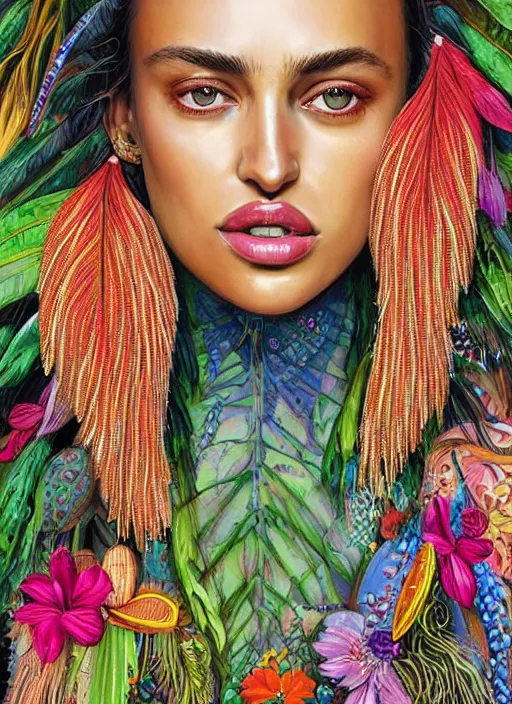 Image similar to beautiful portrait of Irina Shayk wearing dramatic Hand-dyed cotton dress,embellished beaded feather decorative fringe knots ,colorful pigtail,subtropical flowers and plants,symmetrical face,intricate,elegant,highly detailed,8k,digital painting,trending on pinterest,harper's bazaar,concept art, sharp focus, illustration,golden ratio,by artgerm,Tom Bagshaw,Lawrence Alma-Tadema,greg rutkowski