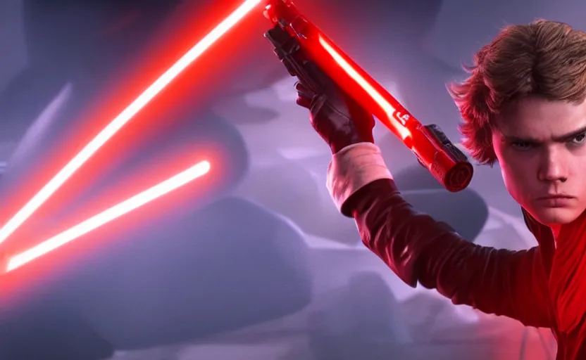 Image similar to anakin skywalker wielding a red lightsaber looking angrily into the camera, detailed, cinematic, raytracing, realistic