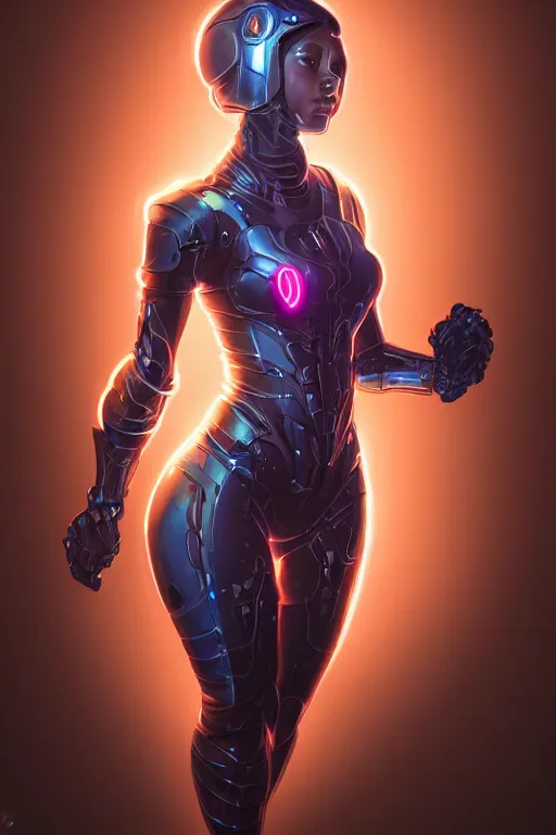 Image similar to portrait of a girl with a biomechanic armor and neon light by Artgerm and Vermeer, dramatic lighting, digital painting, highly detailed, trending on artstation