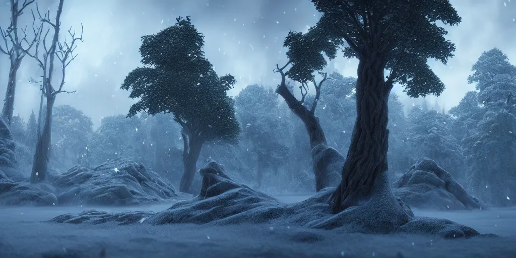 Image similar to fantasy! drizzt do'urden, winter trees, rapier, combat, fighting, duel, hyperrealism, 8 k octane render, inspired by tyler jacobson