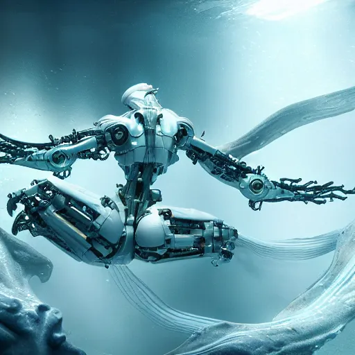 Image similar to biomechanical mecha white mermaid underwater, rays of light. Style of westworld, cables, lights, searchlight, weta digital, octane render, insane details, ultra realistic, beatifully lit, reflections