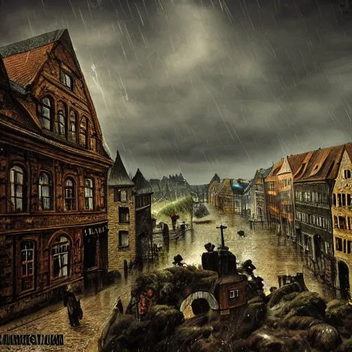 Image similar to dark fantasy, 17th century German city, dark stone, rain, view from above, hyper-detailed