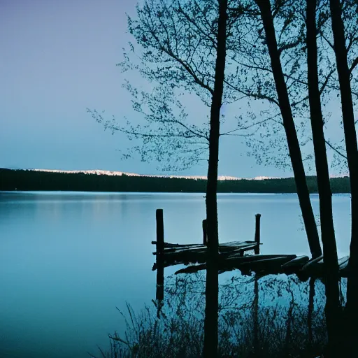 Image similar to photo, moonlit lake, 5 0 mm f / 1. 4, cinestill 8 0 0,