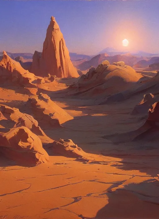 Prompt: crystal desert, extremely detailed oil painting, sargent and leyendecker, savrasov levitan polenov, bruce pennington, tim hildebrandt, digital art, a landscape painting of a desert with large crystals, trending on artstation, masterpiece