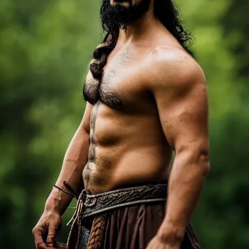 Image similar to portrait of khal drogo from games of thrones, mascular, symmetrical, nikon 3 5 mm photography, ultrarealistic