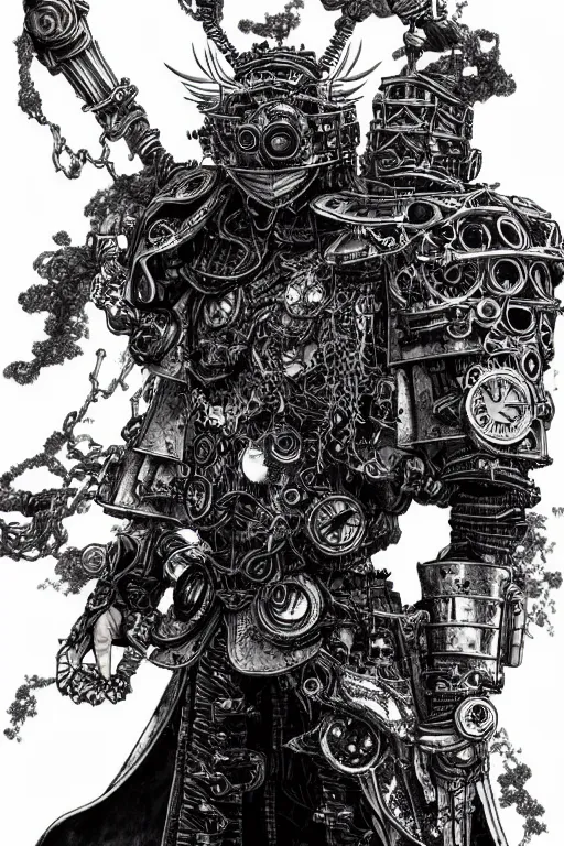 Prompt: a vertical portrait of a character in a scenic environment by Yoshitaka Amano and Nihei Tsutomu, black and white, dreamy, steampunk armor, highly detailed