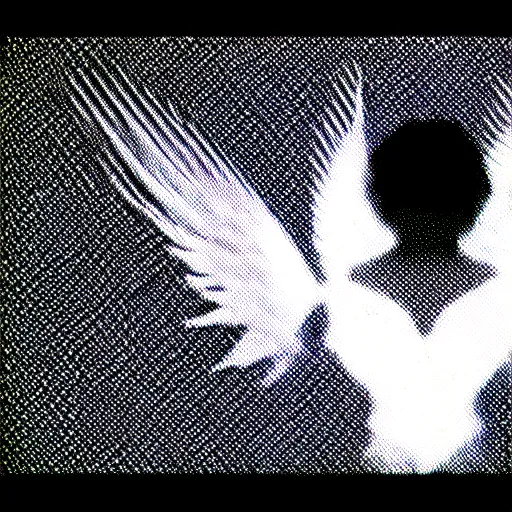 Image similar to vhs static overlay of angel apparition, vhs, 1 9 9 0, highly realistic, highly detailed, vhs noise static, black and white, vhs glitch