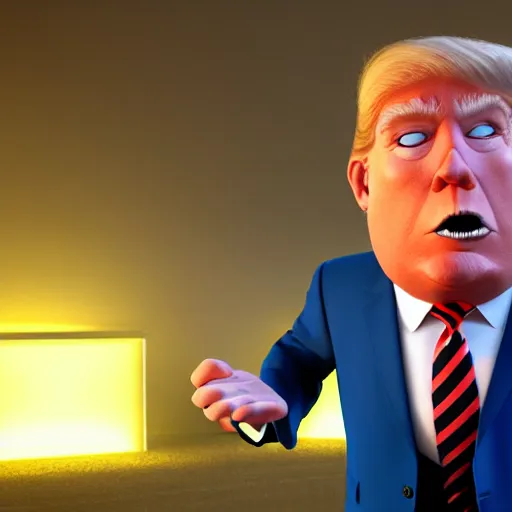 Image similar to happy, render of fun donald trump cartoony character, from the new pixar movie, dynamic lighting, cgsociety