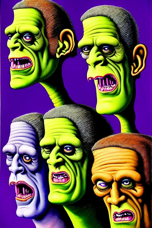 Image similar to a hyperrealistic painting of frankenstein monster heads, cinematic horror by basil wolverton, lisa frank, richard corben, kris kuksi, highly detailed, vivid color,