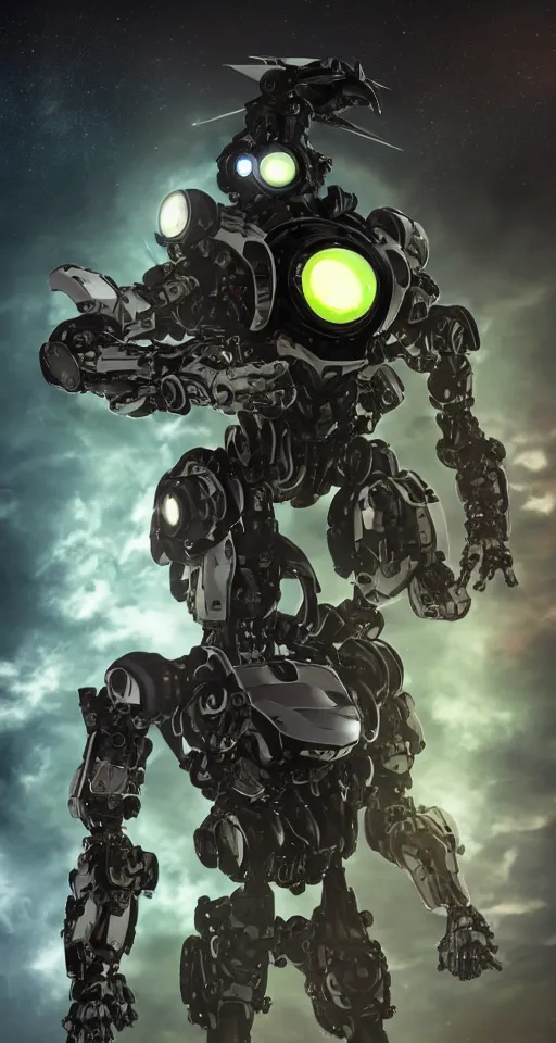 Image similar to a _ full _ body _ shot _ of _ an _ imposing _ cyborg mecha gorrila modeled _ after _ a _ futuristic solar punk technology mecha suit _ with _ glowing _ eyes _ with _ glowing _ eyes _ looking _ into _ the _ camera _ android _ cyborgglowin.