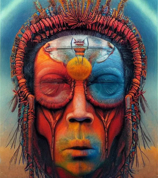 Image similar to Portrait painting in a style of Beksinski mixed with Alex Grey of an old shaman dressed in a colorful traditional clothes. Symmetry