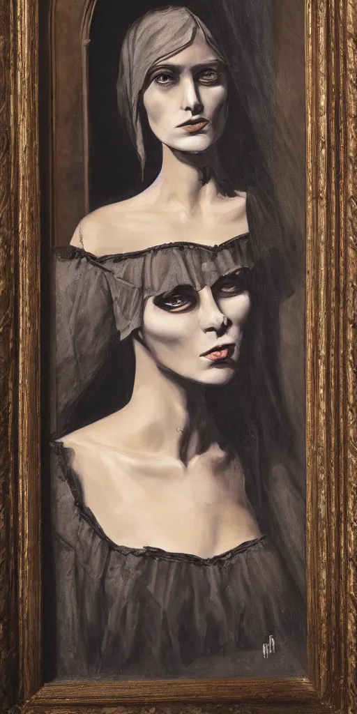 Prompt: painting of a gothic woman in a church, photorealistic, 4k