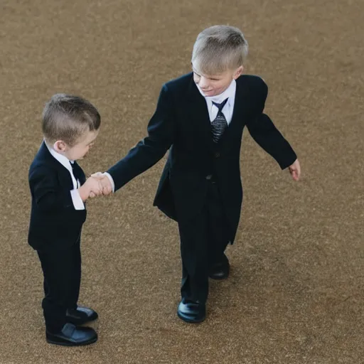 Prompt: a mouse and a rabbit in suits shaking hands