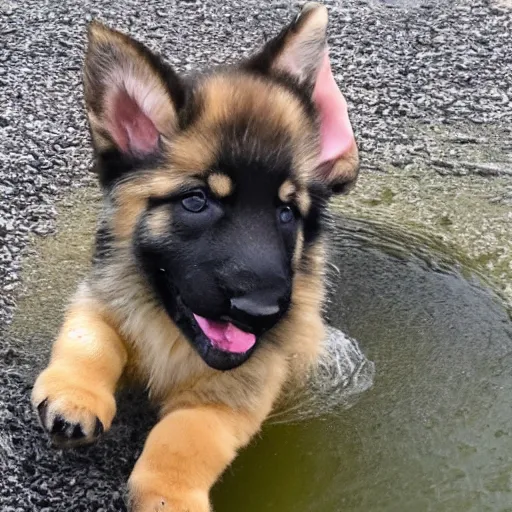 Prompt: German Shepherd puppy takes a bath