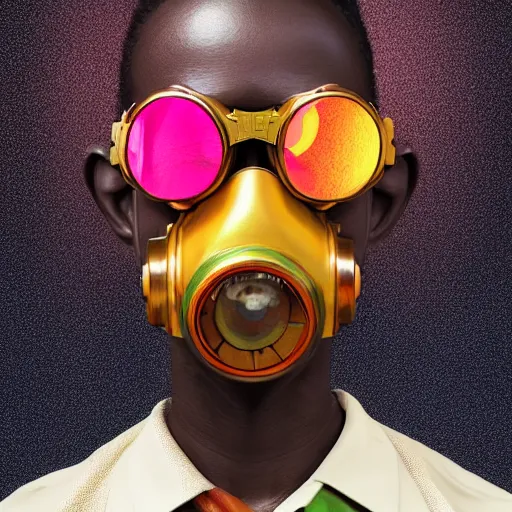 Image similar to colourful vfx upper half - portrait - art of a nigerian boy wearing steam punk goggles, art by stanley artgem lau & tenmyouya hisashi, digital render, digital illustration, concept art, caricature, volumetric light, ray tracing, symmetrical, unreal engine, octane 3 d render, sharp, detailed, intricate detail, pinterest, behance, art station,