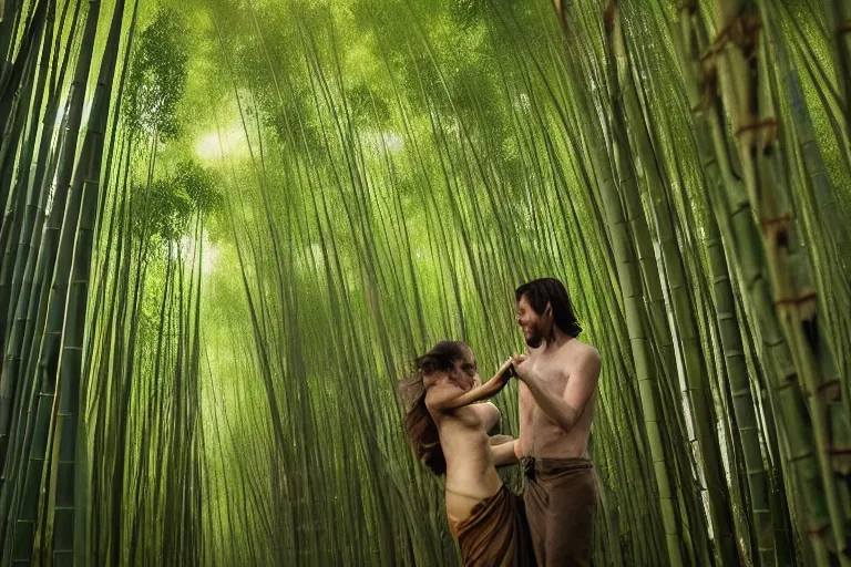 Image similar to cinematography closeup portrait of couple dancing in a bamboo forest, thin flowing fabric, audience of monkeys, natural light by Emmanuel Lubezki