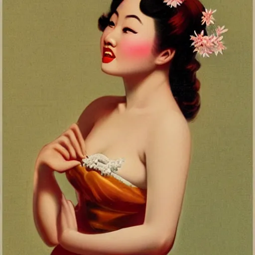 Image similar to pin - up portrait of a beautiful young asian woman, pretty long hair, intense flirting, showing curves, symmetrical face, digital art, smooth, extremely detailed, model pose, intense look, dream, cherry blossoms, gorgeous young model, traditional beauty, perfect proportions, pretty, by wu bayard, by gil elvgren, by ralph horsley,