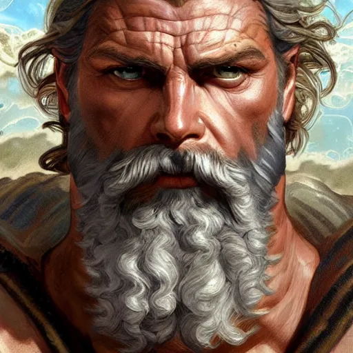 Image similar to portrait of rugged zeus, greek god d & d, muscular, fantasy, intricate, elegant, highly detailed, digital painting, artstation, concept art, smooth, sharp focus, illustration, art by artgerm and greg rutkowski and alphonse mucha