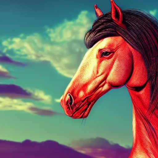 Prompt: digital horse stare, retrowave palette, highly detailed, anatomically correct equine, synth feel, smooth face, ear floof, flowing mane, no reins, super realism, accurate animal imagery, 4 k digital art