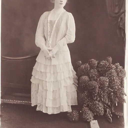 Image similar to Edwardian photograph of Elle Fanning, silk dress, 1910s, 1900s, 1920s, grainy, detailed, realistic