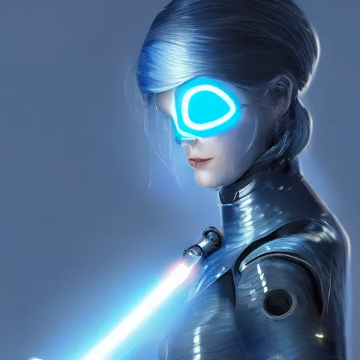 Prompt: Nanosuit female beautiful cyborg with a bright blue lightsaber in her hand, brilliant silver flowing hair, beautiful blue glowing eyes, wideshot ultrawide angle epic scale, by Cedric Peyravernay, highly detailed, excellent composition, cinematic concept art, dramatic lighting, trending on ArtStation