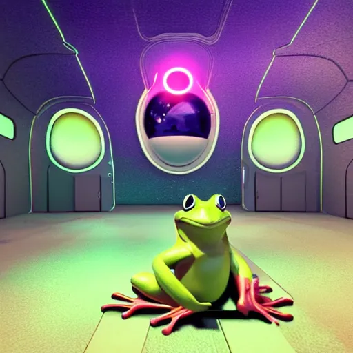 Image similar to frog sitting in the middle of spaceship ; hi - tech ; vaporwave ; unreal engine, wide angle