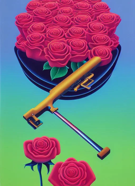 Image similar to roses sticking out of a riffle by shusei nagaoka, kaws, david rudnick, airbrush on canvas, pastell colours, cell shaded, 8 k