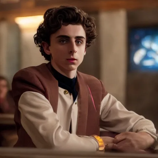 Prompt: timothee chalamet sitting at quark's bar on deep space nine, 3 5 mm photography, highly detailed, cinematic lighting, 4 k