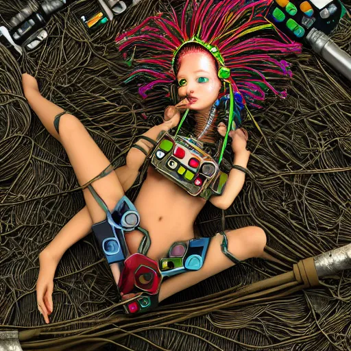 Image similar to piles of modular synth cables mixed with mangrove roots mixed with old video game consoles, kawaii puerto rican goddess chilling out wearing a headpiece made of circuit boards, by cameron gray, wlop, stanley kubrick, masamune, hideki anno, jamie hewlett, unique perspective, epic, trending on artstation, 3 d render, vivid