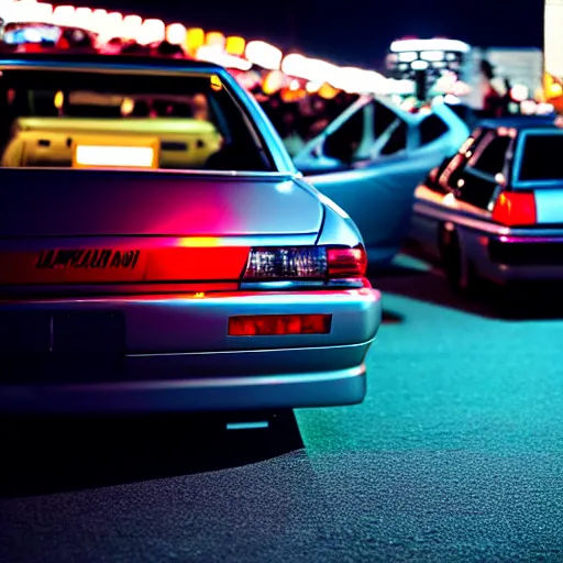 Image similar to a car JZX100 at illegal car meet, Saitama prefecture, city sunset night, cinematic color, photorealistic, highly detailed, 200MM