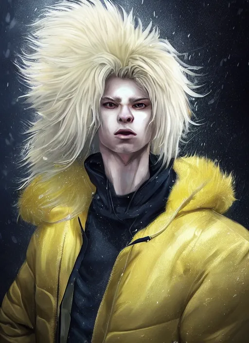 Image similar to aesthetic portrait commission of a of a male fully furry muscular anthro albino lion with a tail and a beautiful attractive hyperdetailed face wearing stylish and creative wearing yellow-black padded hooded puffer jacket outfit in a sci-fi dystopian city at golden hour while it storms in the background with bright police sirens lighting up the subject. Character design by charlie bowater, ross tran, artgerm, and makoto shinkai, detailed, inked, western comic book art, 2021 award winning film poster painting