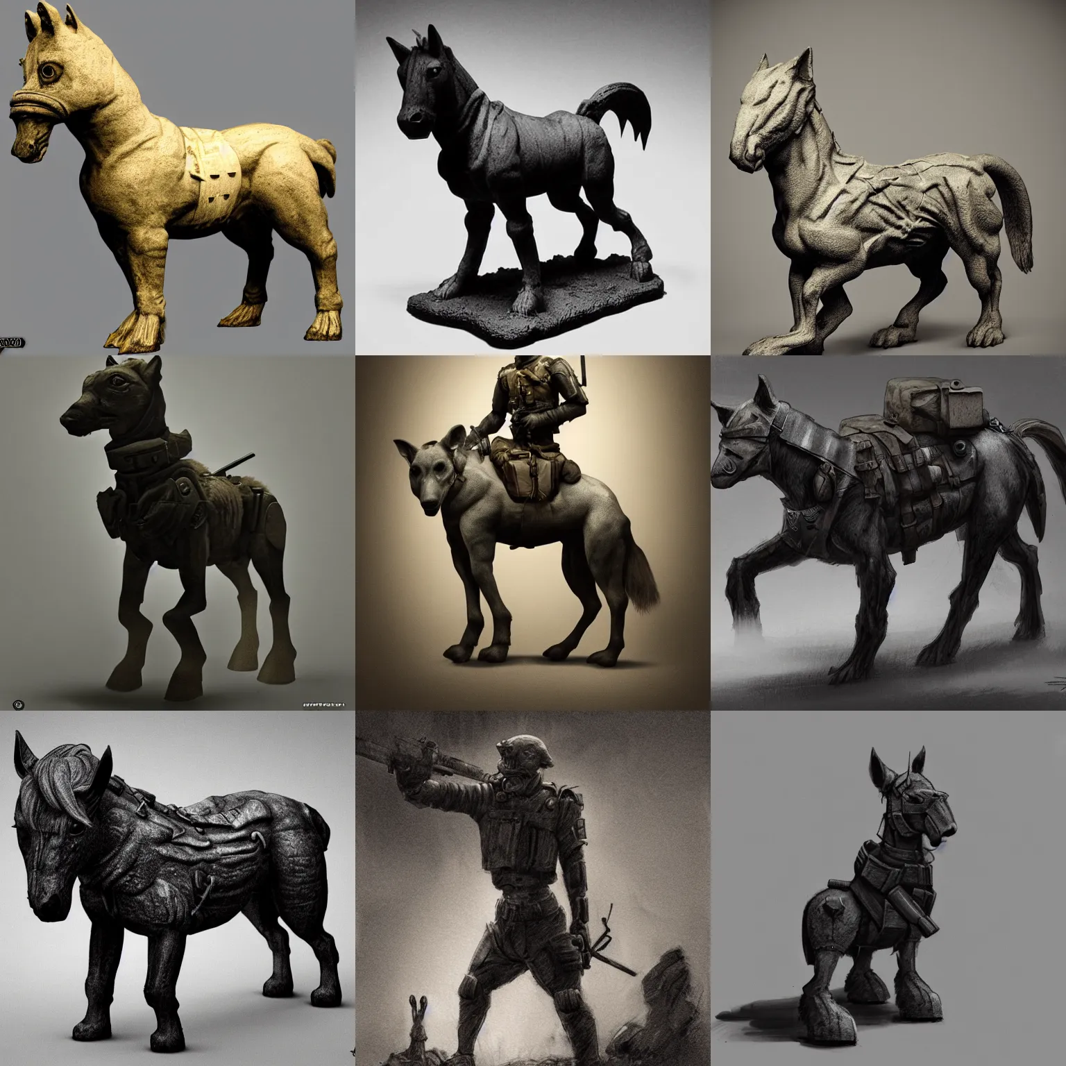 Prompt: brutalist dog - faced bipedal pony creature that is a soldier, moody lighting, dramatic, realistic, detailed, chiaroscuro