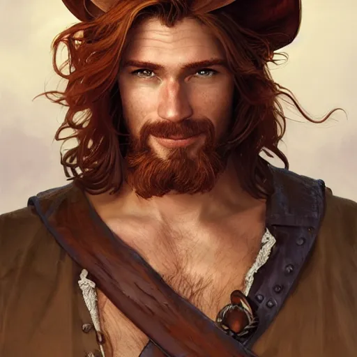 Image similar to portrait of a young ruggedly handsome but joyful pirate, male, masculine, upper body, red hair, long hair, d & d, fantasy, giddy smirk, intricate, elegant, highly detailed, digital painting, artstation, concept art, matte, sharp focus, illustration, art by artgerm and greg rutkowski and alphonse mucha