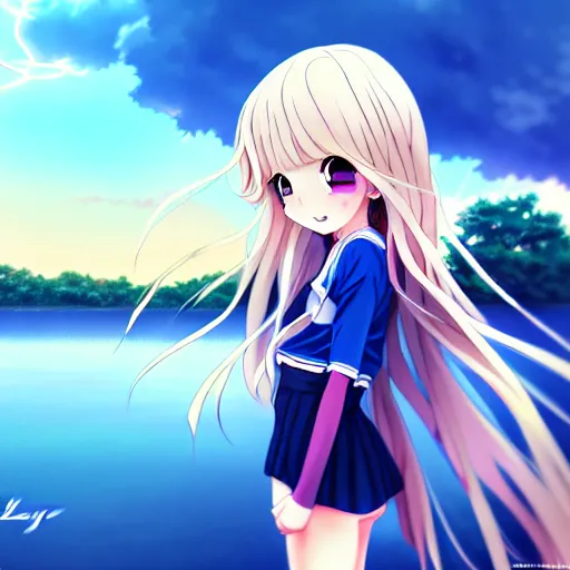 Image similar to a very beautiful anime cute girl, full body, long wavy blond hair, sky blue eyes, full round face, short smile, fancy top, miniskirt, front view, summer lake setting, storm weather, cinematic lightning, medium shot, mid-shot, highly detailed, cinematic wallpaper by Stanley Artgerm Lau