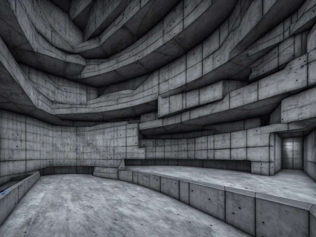 Image similar to Concrete huge dark-gray multi-layered underground structure with multiple floors and a plus-shaped cleft in the center. Inside view, straight lines, corners, high detailed, details, ultra realistic, photorealism, 8k, symmetrical, brutalism, beam, non-euclidean, architecture, volumetric lighting, cinematic