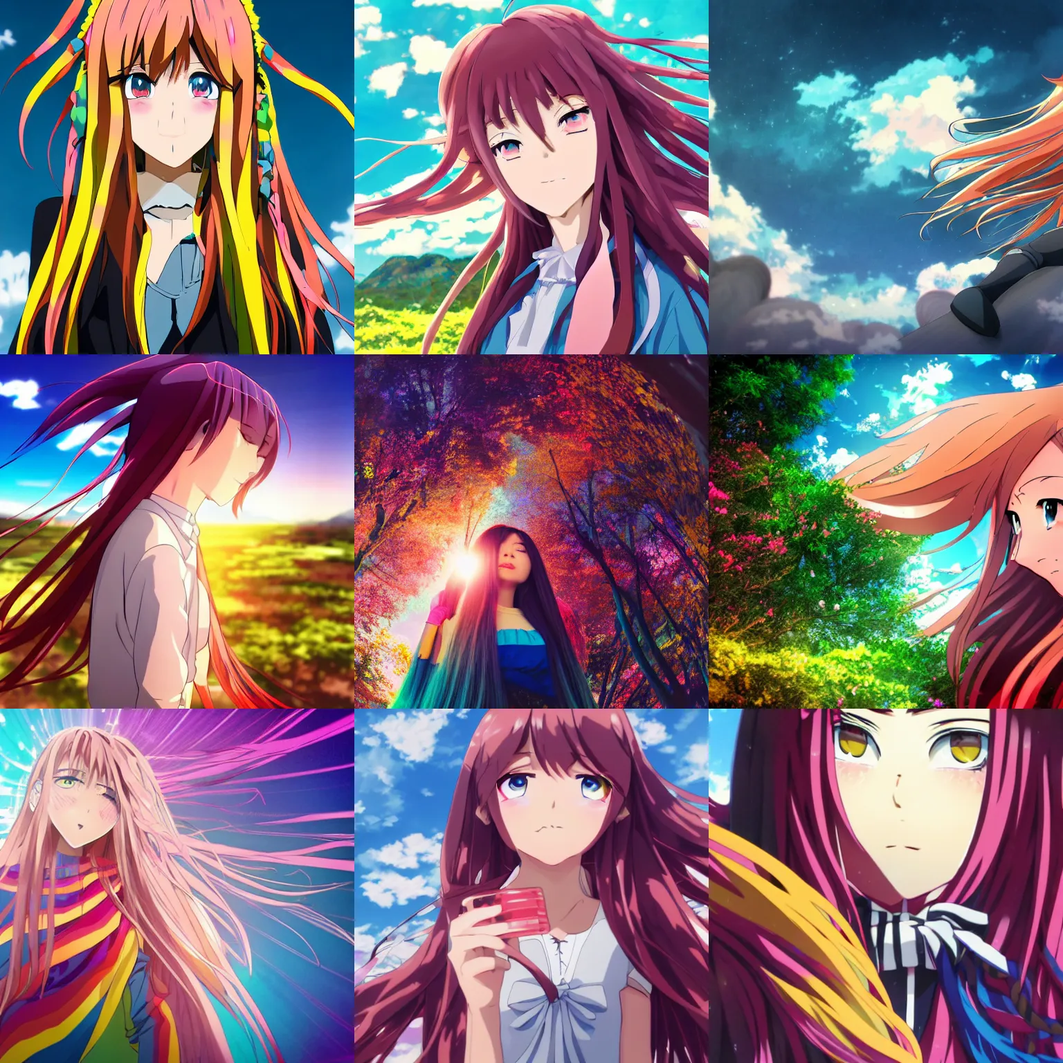 Prompt: multicolor anime photo of a girl with long hair in ultra-high 4k resolution and with an ultra-wide angle, with an inspiring feeling,