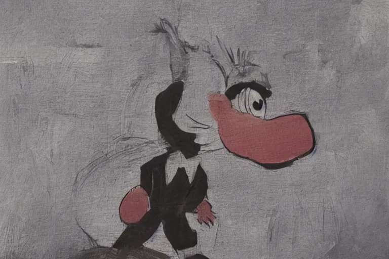 Image similar to donald duck in corner of dark room, smiling, horror