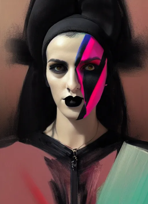 Image similar to portrait of an israeli woman with a crooked nose and a confident expression, 1 9 6 0 s, black clothes, goth, punk, brightly coloured hair, funk, intricate, elegant, highly detailed, digital painting, artstation, concept art, smooth, sharp focus, illustration, art by wlop, mars ravelo and greg rutkowski