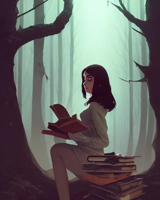 Image similar to hyper - realistic portrait of a woman with a magic book in the evil forest by atey ghailan, by greg rutkowski, by greg tocchini, by james gilleard, by joe fenton, by kaethe butcher, dynamic lighting, gradient light blue, brown, blonde cream and white color scheme, grunge aesthetic