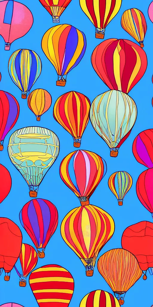 Prompt: seamless pattern of hot air balloons in beautiful sky, colourful, symmetrical, repeating 35mm photography