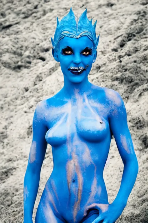 Prompt: a young german woman dressed as a blue-skinned triton from DND standing on a beach, blue body paint, high resolution film still, 8k, HDR colors, cosplay, outdoor lighting, high resolution photograph, photo by bruce weber, beautiful symmetric face