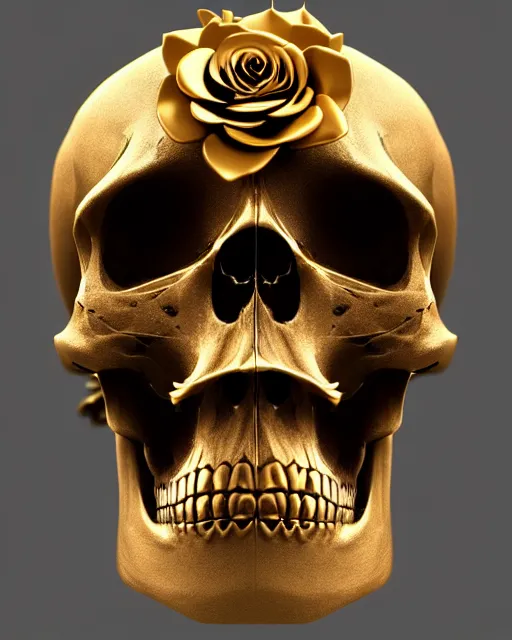 Prompt: detailed 3 d cycles render of a black dark skull skeleton with golden roses growing out of ribcage darkly elegant digital skull art by billelis and beeple